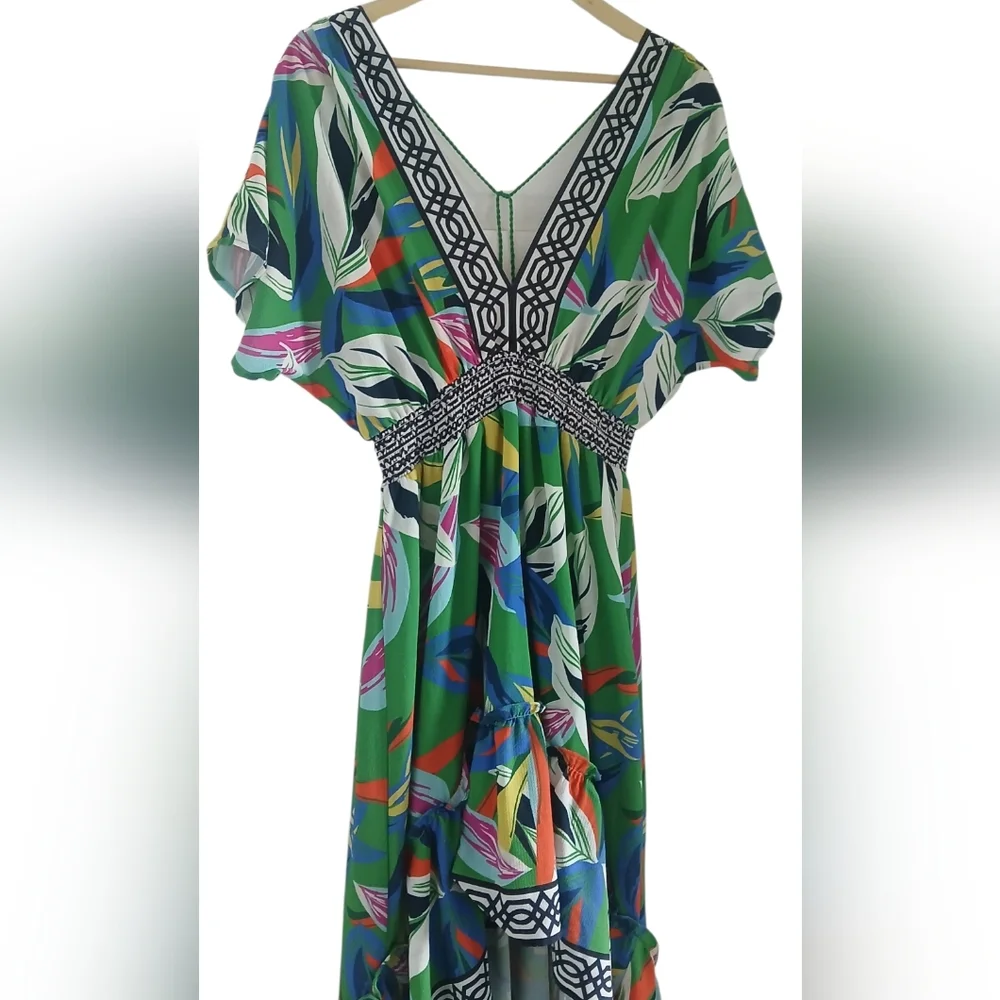 Flying Tomato Dress V-Neck Hi-Lo Floral Elasticized Waist Flowy Tropical Print - Picture 5 of 13